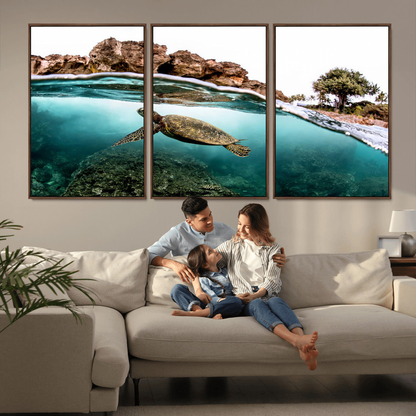 44200301-MGV-FC-60X30-3P_Walnut-Sea Turtle Swim Wall Art Canvas Print, Framed Ocean Life Art Picture Print, Tropical Shoreline Perfect Tropical Coastal Decor