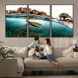 44200301-MGV-FC-60X30-3P_Walnut-Sea Turtle Swim Wall Art Canvas Print, Framed Ocean Life Art Picture Print, Tropical Shoreline Perfect Tropical Coastal Decor