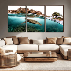 44200301-MGV-CV-36X24-Sea Turtle Swim Wall Art Canvas Print, Framed Ocean Life Art Picture Print, Tropical Shoreline Perfect Tropical Coastal Decor