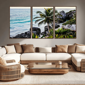 94669907-MGV-CV-36X24-Tropical Coastline Wall Art Canvas Print, Framed Palm Tree Art Picture Print, Rocky Beach Perfect Tropical Coastal Decor Artwork