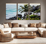 94669907-MGV-CV-36X24-Tropical Coastline Wall Art Canvas Print, Framed Palm Tree Art Picture Print, Rocky Beach Perfect Tropical Coastal Decor Artwork