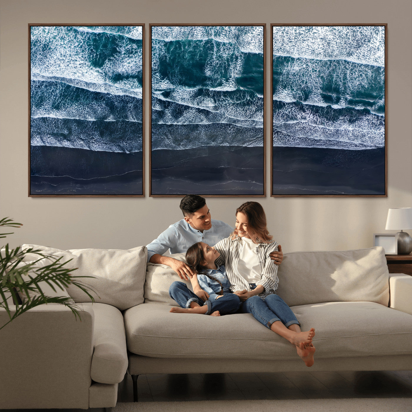 87941475-MGV-FC-60X30-3P_Walnut-Black Beach Wall Art Canvas Print, Framed Aerial Ocean Art Picture Print, Moody Coastal Perfect Modern Coastal Decor Artwork