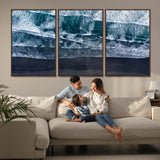 87941475-MGV-FC-60X30-3P_Walnut-Black Beach Wall Art Canvas Print, Framed Aerial Ocean Art Picture Print, Moody Coastal Perfect Modern Coastal Decor Artwork