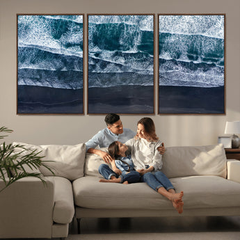 87941475-MGV-FC-60X30-3P_Walnut-Black Beach Wall Art Canvas Print, Framed Aerial Ocean Art Picture Print, Moody Coastal Perfect Modern Coastal Decor Artwork