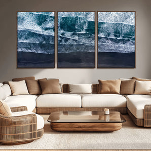 87941475-MGV-CV-36X24-Black Beach Wall Art Canvas Print, Framed Aerial Ocean Art Picture Print, Moody Coastal Perfect Modern Coastal Decor Artwork