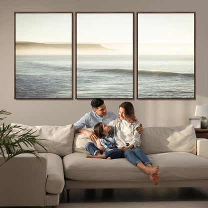 39310633-MGV-FC-60X30-3P_Walnut-Coastal Cliffs Wall Art Canvas Print, Framed Misty Ocean Art Picture Print, Morning Light Perfect Minimalistic Coastal Decor