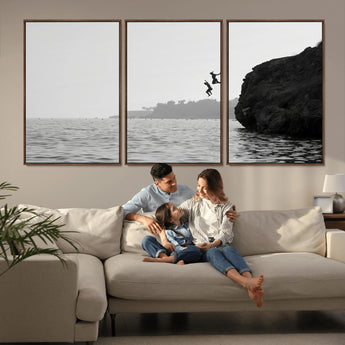 52284302-MGV-FC-60X30-3P_Walnut-Cliff Jumping Wall Art Canvas Print, Framed Ocean Adventure Art Picture Print, Black White Coast Perfect Modern Coastal Decor
