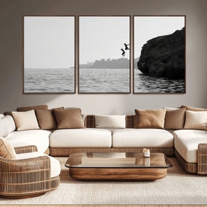 52284302-MGV-CV-36X24-Cliff Jumping Wall Art Canvas Print, Framed Ocean Adventure Art Picture Print, Black White Coast Perfect Modern Coastal Decor