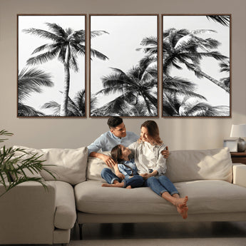 46641801-MGV-FC-60X30-3P_Walnut-Palm Tree Wall Art Canvas Print, Framed Black White Tropics Art Picture Print, Monochrome Palms Perfect Modern Tropical Minimalist