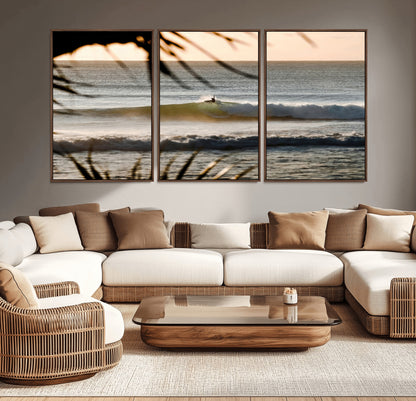 24896468-MGV-CV-36X24-Sunset Surf Wall Art Canvas Print, Framed Golden Waves Art Picture Print, Tropical Ocean Perfect Tropical Boho Decor Artwork