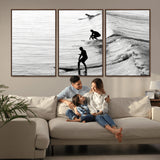 19875284-MGV-FC-60X30-3P_Walnut-Surfer Waves Wall Art Canvas Print, Framed Black White Surf Art Picture Print, Monochrome Ocean Perfect Modern Coastal Decor