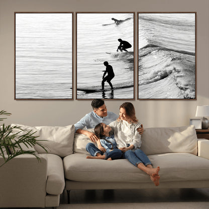 19875284-MGV-FC-60X30-3P_Walnut-Surfer Waves Wall Art Canvas Print, Framed Black White Surf Art Picture Print, Monochrome Ocean Perfect Modern Coastal Decor