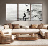 19875284-MGV-CV-36X24-Surfer Waves Wall Art Canvas Print, Framed Black White Surf Art Picture Print, Monochrome Ocean Perfect Modern Coastal Decor