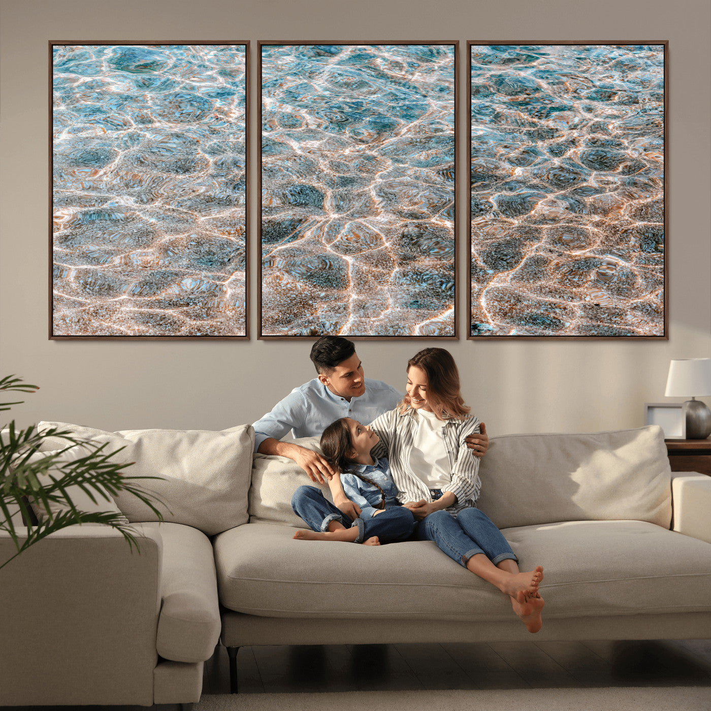 26580287-MGV-FC-60X30-3P_Walnut-Clear Water Wall Art Canvas Print, Framed Sunlit Ripples Art Picture Print, Ocean Texture Perfect Modern Coastal Decor Artwork