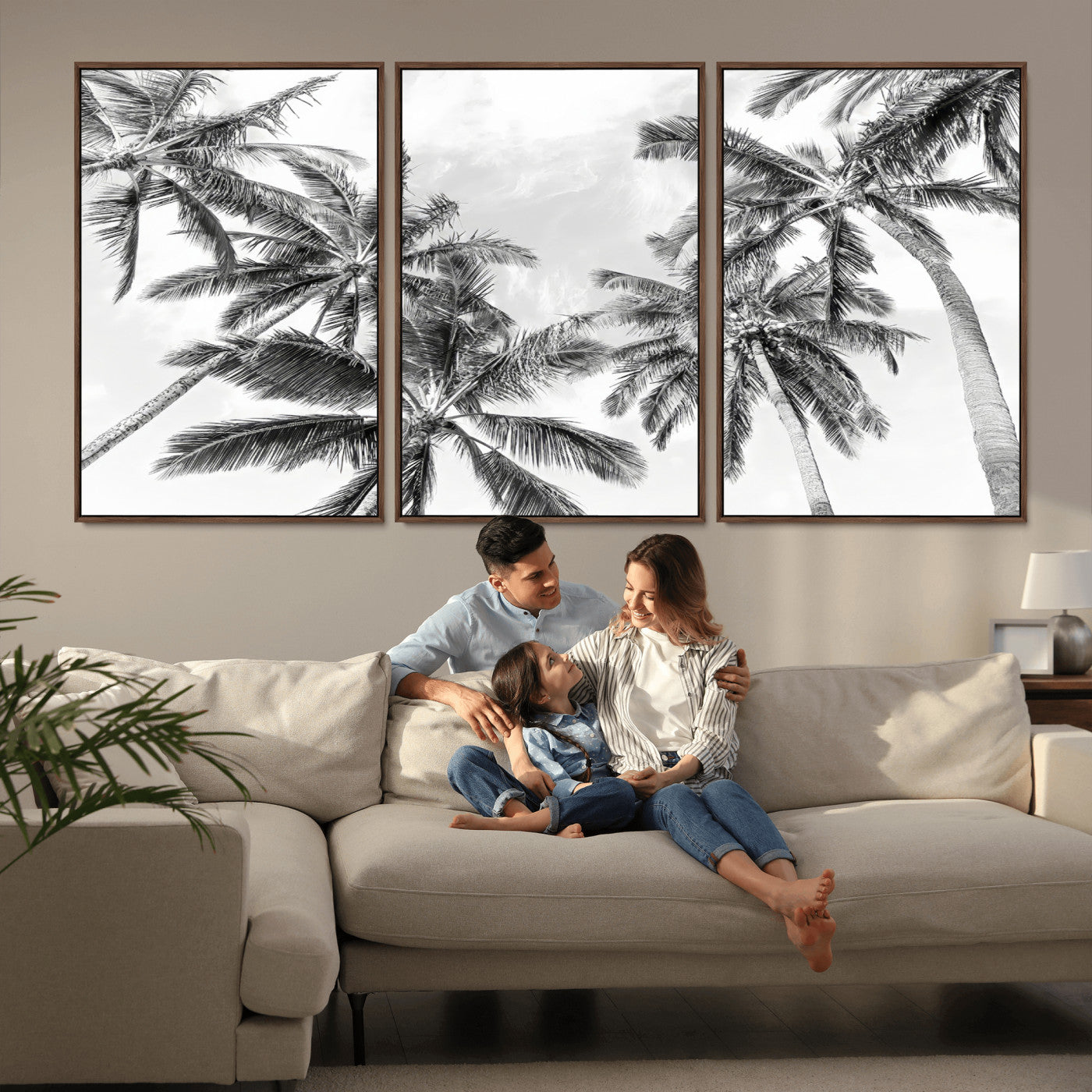 62113786-MGV-FC-60X30-3P_Walnut-Black White Palm Wall Art Canvas Print, Framed Monochrome Tropics Art Picture Print, Minimalist Beach Perfect Coastal Minimalist