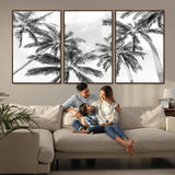 62113786-MGV-FC-60X30-3P_Walnut-Black White Palm Wall Art Canvas Print, Framed Monochrome Tropics Art Picture Print, Minimalist Beach Perfect Coastal Minimalist