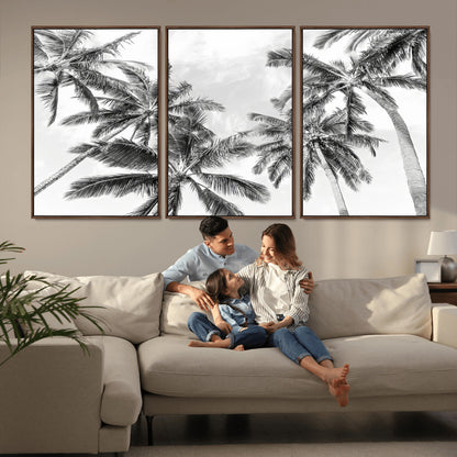 62113786-MGV-FC-60X30-3P_Walnut-Black White Palm Wall Art Canvas Print, Framed Monochrome Tropics Art Picture Print, Minimalist Beach Perfect Coastal Minimalist