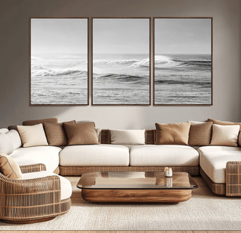 98634812-MGV-CV-36X24-Black and White Ocean Waves Wall Art – Minimalist Sea Canvas Print, Coastal Photography Decor for Living Room, Bedroom or Office