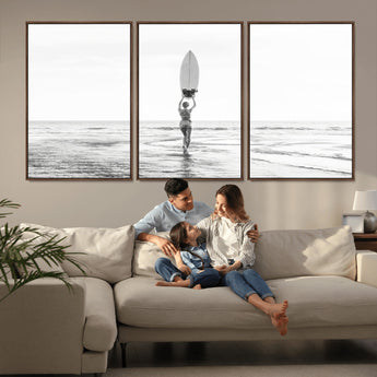 98446901-MGV-FC-60X30-3P_Walnut-Monochrome Surf Wall Art Canvas Print, Framed Minimalist Surfer Art Picture Print, Surfboard Silhouette Perfect Coastal Minimalist