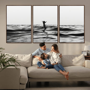 69541918-MGV-FC-60X30-3P_Walnut-Black White Ocean Wall Art Canvas Print, Framed Moody Seascape Art Picture Print, Surfer Sign Perfect Moody Minimalist Decor