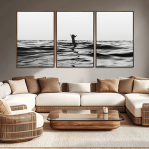 69541918-MGV-CV-36X24-Black White Ocean Wall Art Canvas Print, Framed Moody Seascape Art Picture Print, Surfer Sign Perfect Moody Minimalist Decor