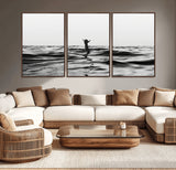 69541918-MGV-CV-36X24-Black White Ocean Wall Art Canvas Print, Framed Moody Seascape Art Picture Print, Surfer Sign Perfect Moody Minimalist Decor