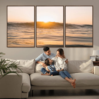 16973771-MGV-FC-60X30-3P_Walnut-Calm Water Wall Art Canvas Print, Framed Sunset Waves Art Picture Print, Coastal Warmth Perfect Warm Minimalist Decor Artwork