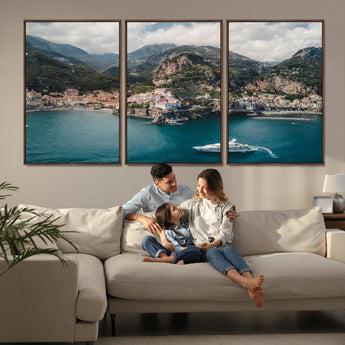 20321590-MGV-FC-60X30-3P_Walnut-Amalfi Coast Wall Art Canvas Print, Framed Italy Travel Art Picture Print, Mediterranean Landscape Perfect Mediterranean Coastal