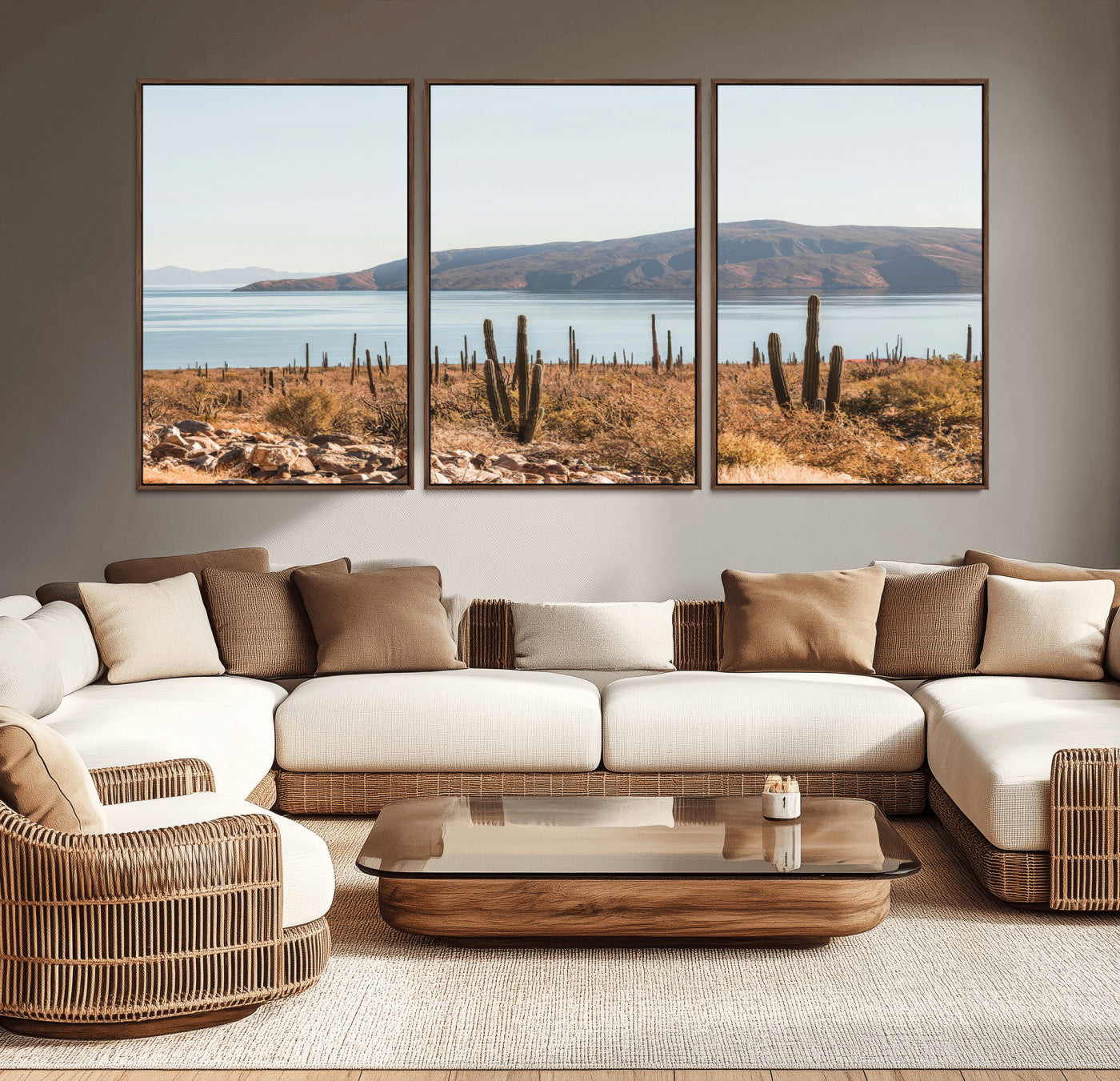 45193515-MGV-CV-36X24-Desert Cactus Wall Art Canvas Print, Framed Baja Coastline Art Picture Print, Coastal Desert Perfect Southwestern Minimalist Decor