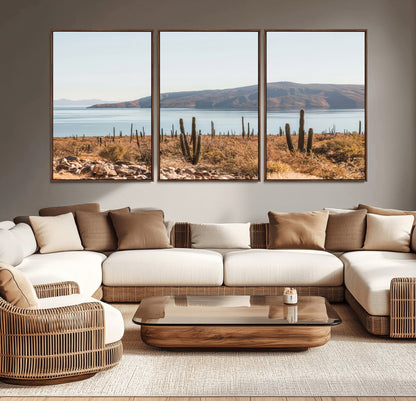 45193515-MGV-CV-36X24-Desert Cactus Wall Art Canvas Print, Framed Baja Coastline Art Picture Print, Coastal Desert Perfect Southwestern Minimalist Decor