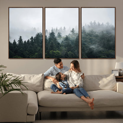 84146572-MGV-FC-60X30-3P_Walnut-Foggy Pine Trees Wall Art Canvas Print, Framed Forest Nature Art Picture Print, Evergreen Forest Perfect Scandinavian Minimalist