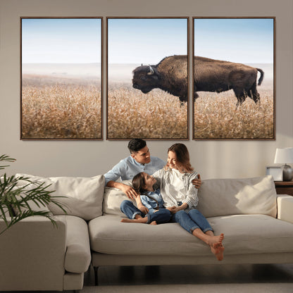 99620201-MGV-FC-60X30-3P_Walnut-Wild Bison Wall Art Canvas Print, Framed Bison in Prairie Art Picture Print, Rustic Western Perfect Rustic Western Decor Artwork