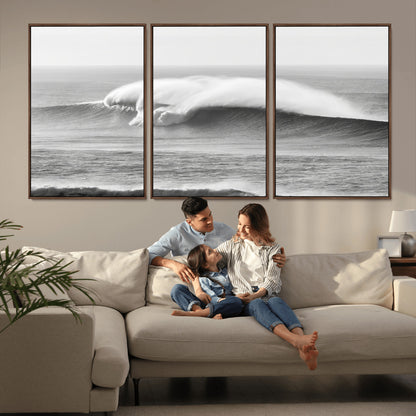 42544082-MGV-FC-60X30-3P_Walnut-Monochrome Seascape Wall Art Canvas Print, Framed Surf Wave Art Picture Print, Minimalist Ocean Perfect Moody Coastal Decor