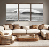 42544082-MGV-CV-36X24-Monochrome Seascape Wall Art Canvas Print, Framed Surf Wave Art Picture Print, Minimalist Ocean Perfect Moody Coastal Decor