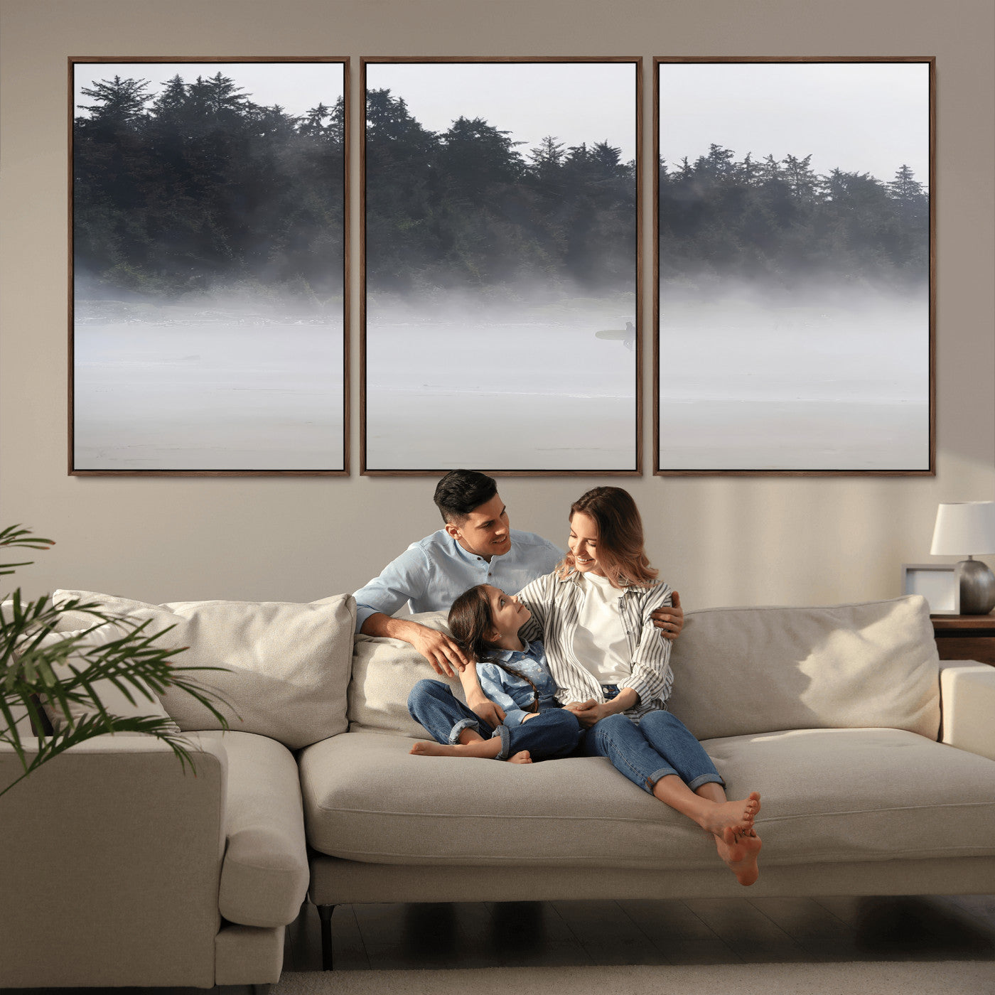 59703275-MGV-FC-60X30-3P_Walnut-Surfer in Fog Wall Art Canvas Print, Framed Foggy Beach Art Picture Print, Coastal Surf Perfect Moody Coastal Decor Artwork