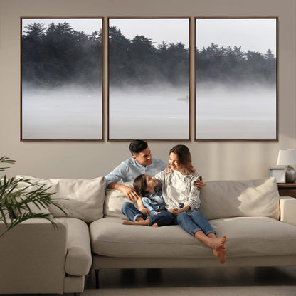 59703275-MGV-FC-60X30-3P_Walnut-Surfer in Fog Wall Art Canvas Print, Framed Foggy Beach Art Picture Print, Coastal Surf Perfect Moody Coastal Decor Artwork