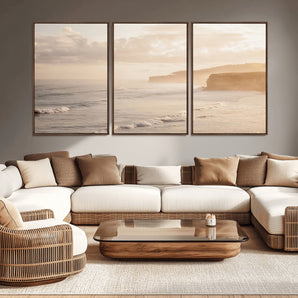 57669769-MGV-CV-36X24-Misty Coastal Wall Art Canvas Print, Framed Golden Sunset Art Picture Print, Serene Shoreline Perfect Tranquil Coastal Decor