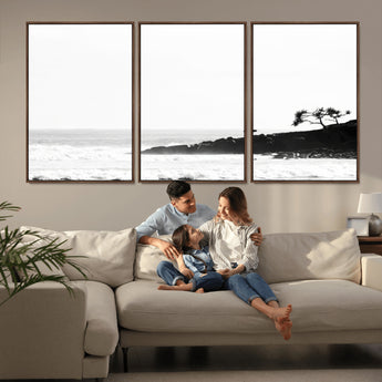 40875891-MGV-FC-60X30-3P_Walnut-SurferCliffs Wall Art Canvas Print, Framed Black White Beach Art Picture Print, Ocean Waves Perfect Minimalist Coastal Decor