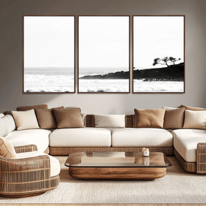 40875891-MGV-CV-36X24-SurferCliffs Wall Art Canvas Print, Framed Black White Beach Art Picture Print, Ocean Waves Perfect Minimalist Coastal Decor