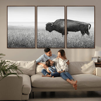 28435251-MGV-FC-60X30-3P_Walnut-Bison In Prairie Wall Art Canvas Print, Framed Rustic Wildlife Art Picture Print, Wild Buffalo Perfect Rustic Western Decor