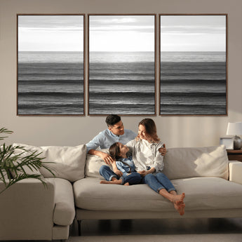 47305203-MGV-FC-60X30-3P_Walnut-Monochrome Ocean Wall Art Canvas Print, Framed Moody Ocean Art Picture Print, Calm Ocean Perfect Minimalist Coastal Decor Artwork