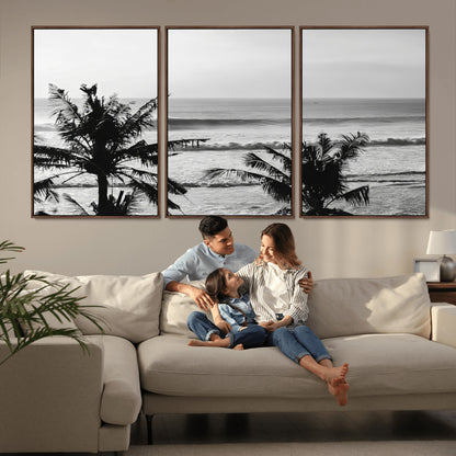 17508038-MGV-FC-60X30-3P_Walnut-Tropical Coastline Wall Art Canvas Print, Framed Palm Trees Art Picture Print, Ocean Waves Perfect Minimalist Coastal Decor