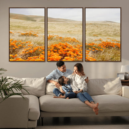 28972262-MGV-FC-60X30-3P_Walnut-Golden Wildflowers Wall Art Canvas Print, Framed Hills Bloom Art Picture Print, Poppy Meadow Perfect Rustic Nature Decor Artwork