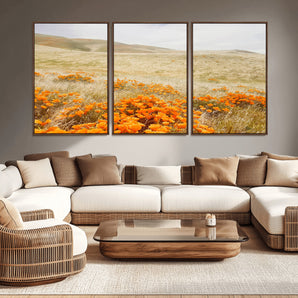 28972262-MGV-CV-36X24-Golden Wildflowers Wall Art Canvas Print, Framed Hills Bloom Art Picture Print, Poppy Meadow Perfect Rustic Nature Decor Artwork