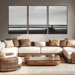 84739358-MGV-CV-36X24-Motorcycle Beach Wall Art Canvas Print, Framed Vintage Motorcycle Art Picture Print, Biker Silhouette Perfect Minimalist Adventure