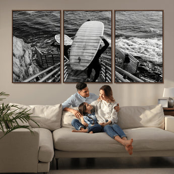 32353707-MGV-FC-60X30-3P_Walnut-Black White Surfing Wall Art Canvas Print, Framed Coastal Surfing Art Picture Print, Wave Riders Perfect Coastal Adventure Decor