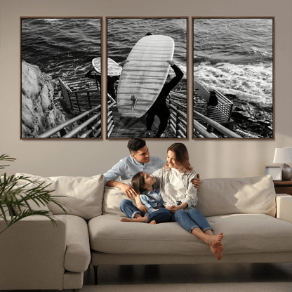 32353707-MGV-FC-60X30-3P_Walnut-Black White Surfing Wall Art Canvas Print, Framed Coastal Surfing Art Picture Print, Wave Riders Perfect Coastal Adventure Decor