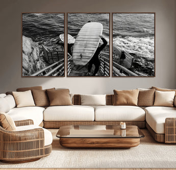 32353707-MGV-CV-36X24-Black White Surfing Wall Art Canvas Print, Framed Coastal Surfing Art Picture Print, Wave Riders Perfect Coastal Adventure Decor