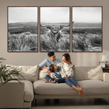 24051061-MGV-FC-60X30-3P_Walnut-Monochrome Highland Cow Wall Art Canvas Print, Framed Scottish Bull Art Picture Print, Lone Cattle Perfect Rustic Farmhouse Decor