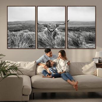 24051061-MGV-FC-60X30-3P_Walnut-Monochrome Highland Cow Wall Art Canvas Print, Framed Scottish Bull Art Picture Print, Lone Cattle Perfect Rustic Farmhouse Decor